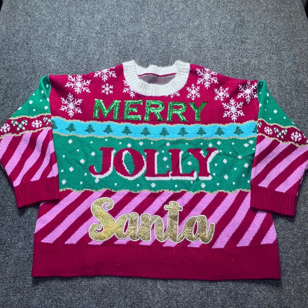Merry Jolly Santa Ugly Christmas Sweater Sequin Glitter Holiday Knit XS45804TGT